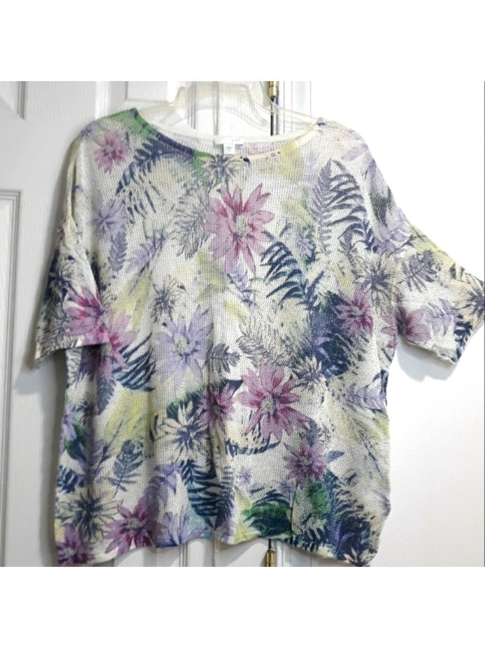 J.Jill Linen Blend Floral short Sleeve Knit White Purple Cropped Top Size XL